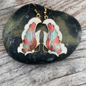 Cloisonne butterfly earrings white , red , blue & purple on gold
